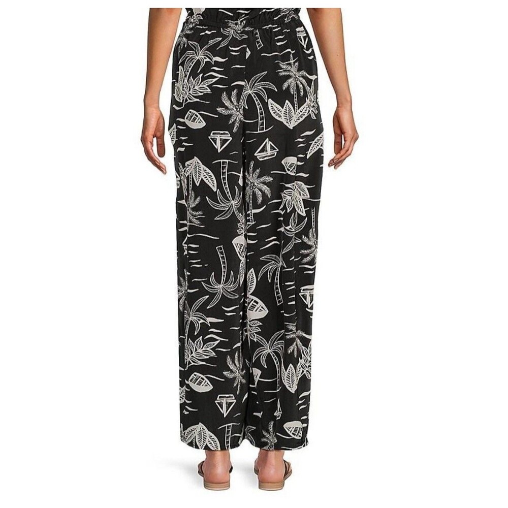 True Destinations Size XS Pants Wide Leg Pull On Palms Smocked Waist Black White